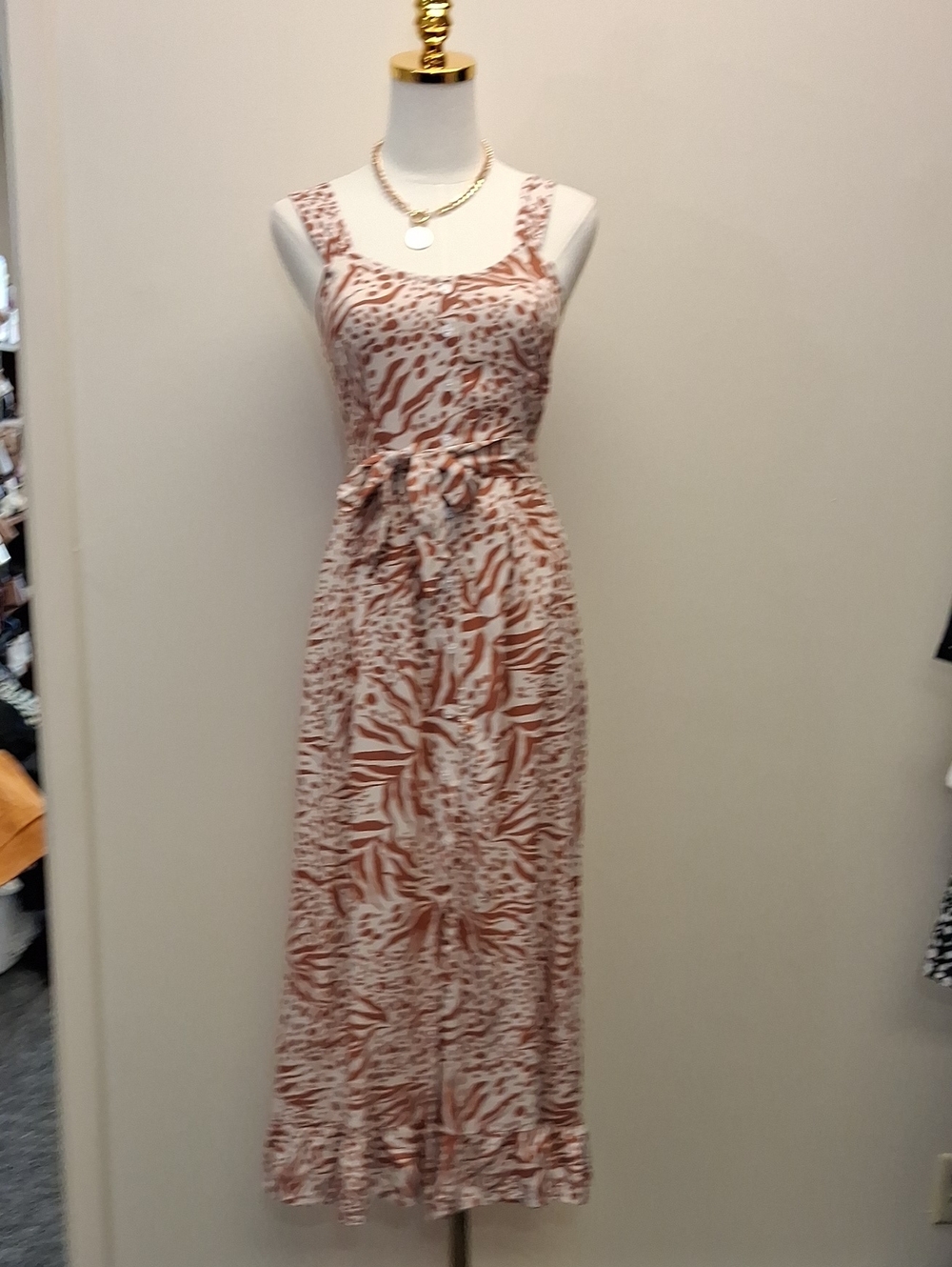 Sincerely Jules Brown Cream Print Tie Waist Maxi Dress Size XS